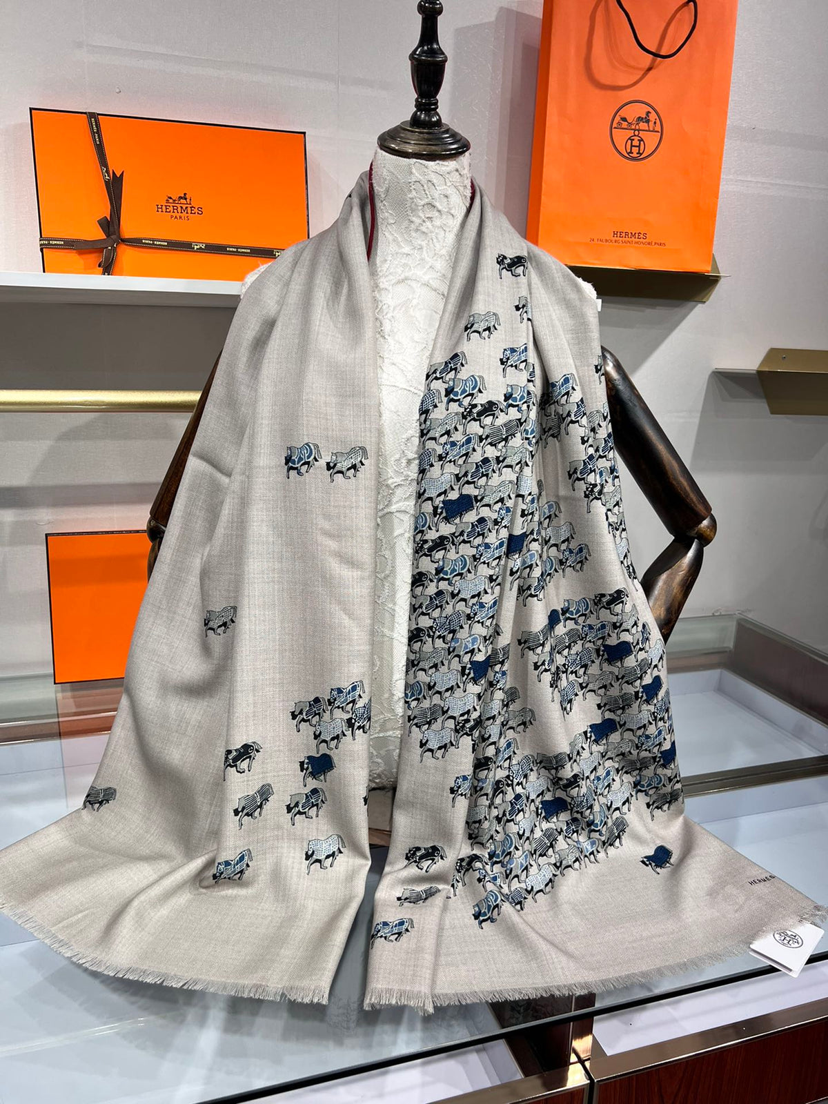 Hermes velvet scarf 185 CM Rice Gray Cotton Fabric