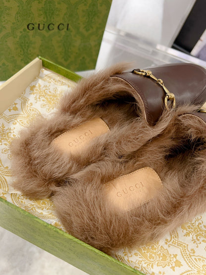 GG Princetown Slipper Brown Calfskin Tuscan Wool