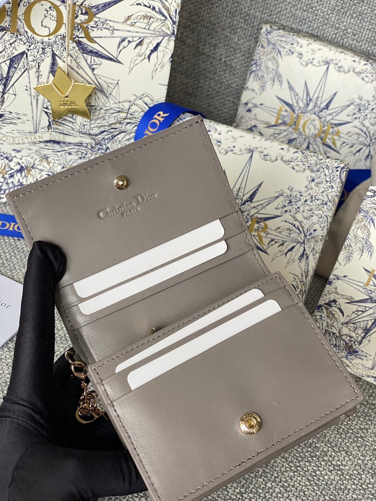 CD Caro 11cm Compact Wallet Shiny Grey Calfskin