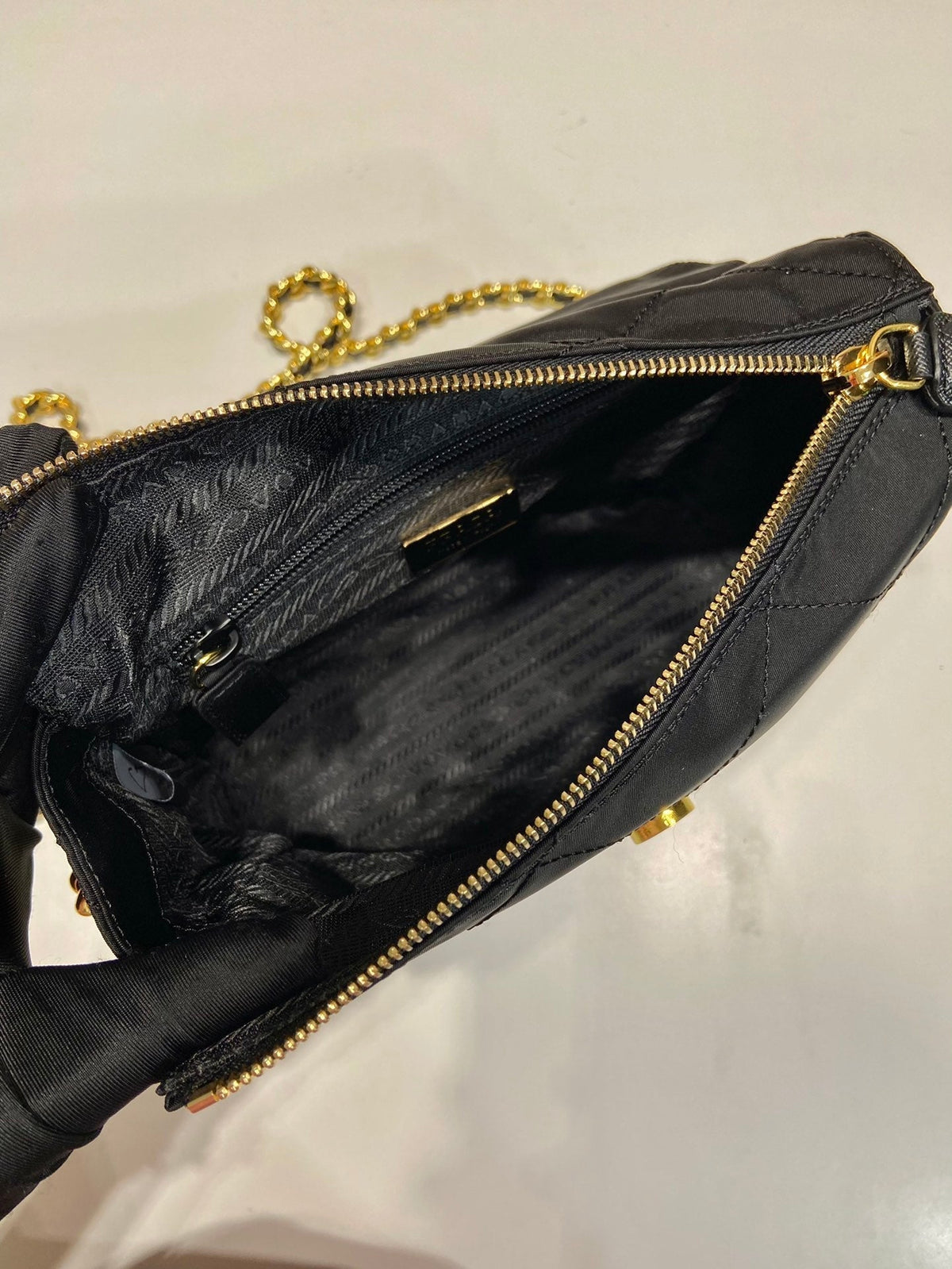 LARGE QUILTED FLAP BAG 23 IN BLACK RE-NYLON FABRIC GOLD CHAIN