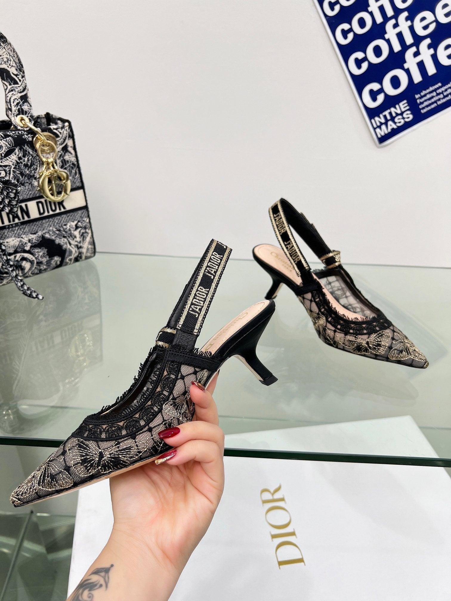 J'Adior Slingback Pump 65mm In Black Lace Fabric 100836