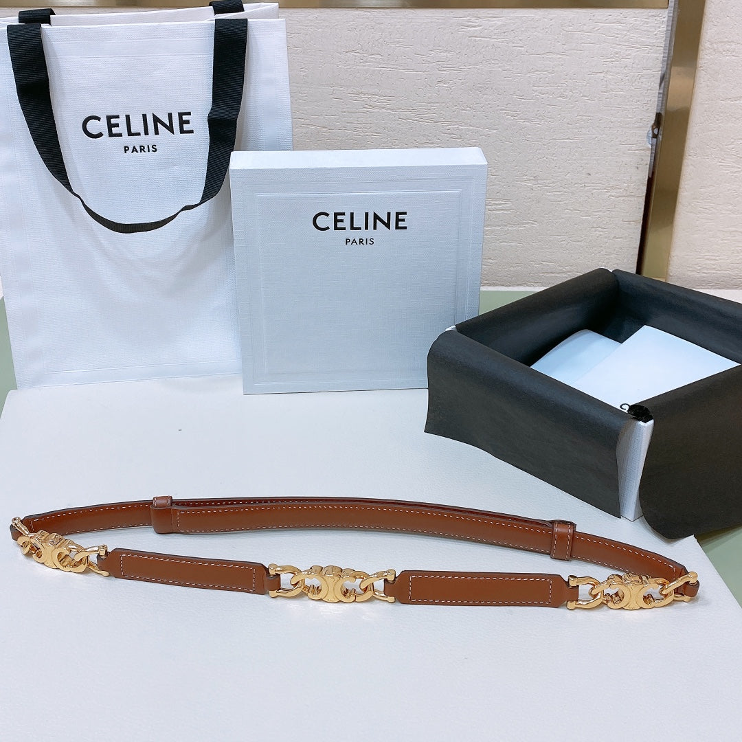 CL SMALL 18 MM GOURMETTE TRIOMPHE ADJUSTABLE BELT IN BRONZE BROWN LEATHER GOLD HARDWARE