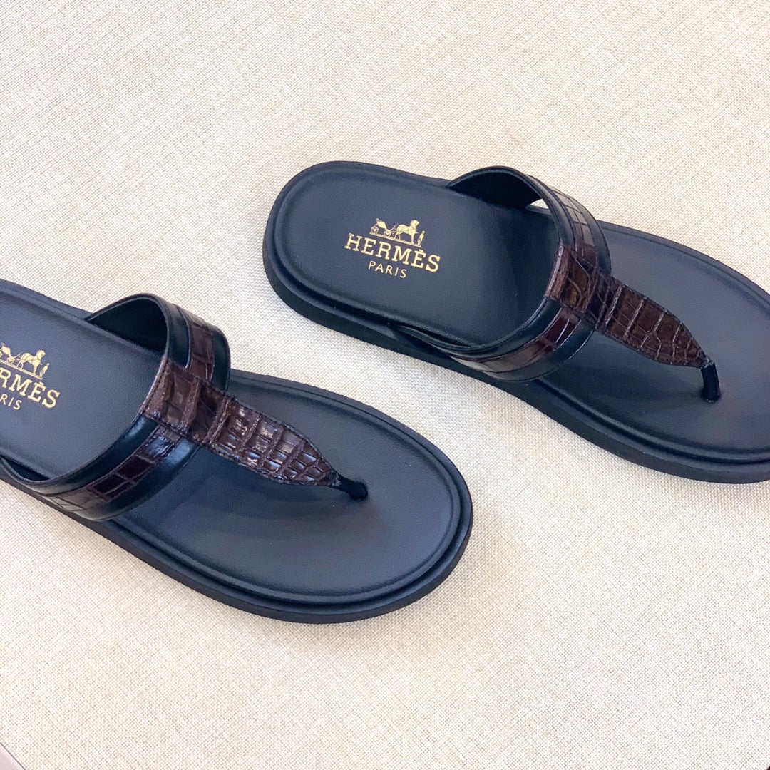 HM Men's Thong Sandals Brown Black Rubber Sheepskin 561666