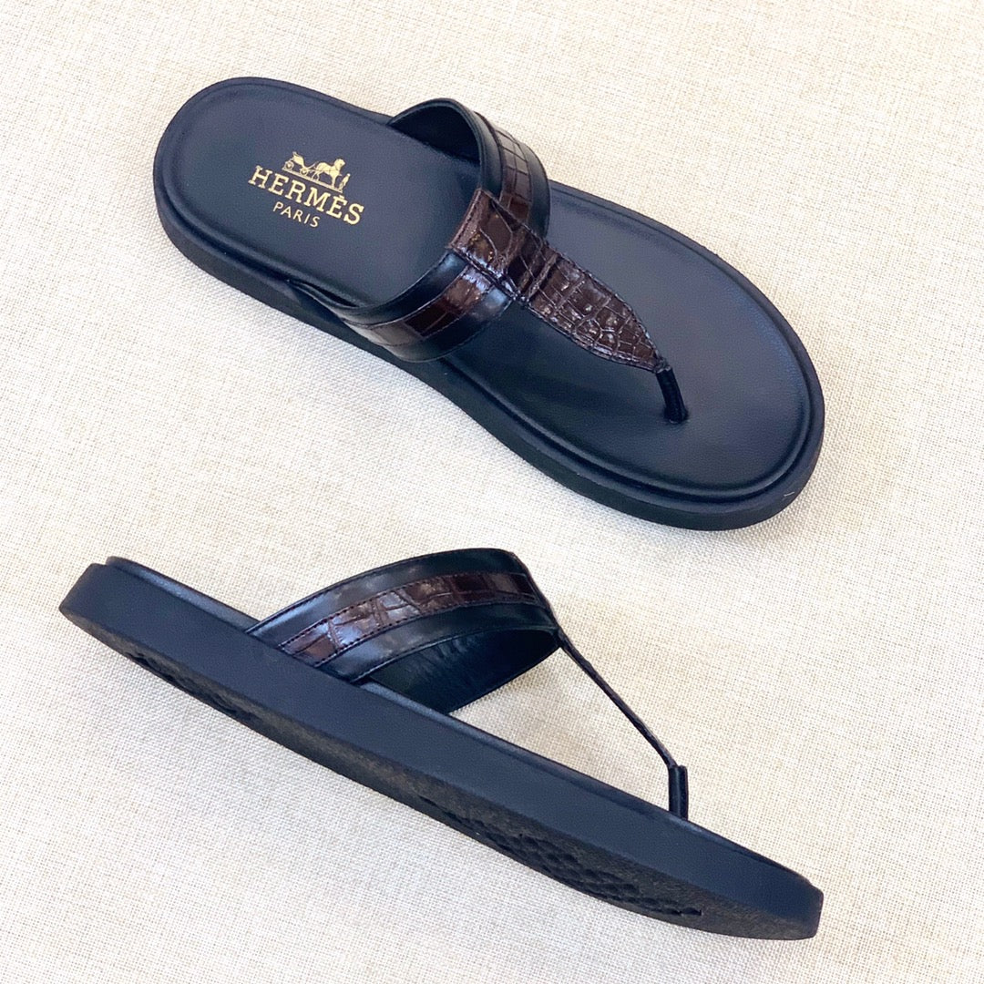 HM Men's Thong Sandals Brown Black Rubber Sheepskin 561666