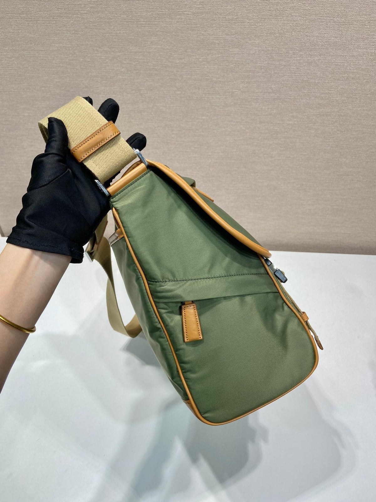 LARGE FLAP BAG 30 IN SEAWEED GREEN RE-NYLON AND BROWN CALFSKIN TRIM
