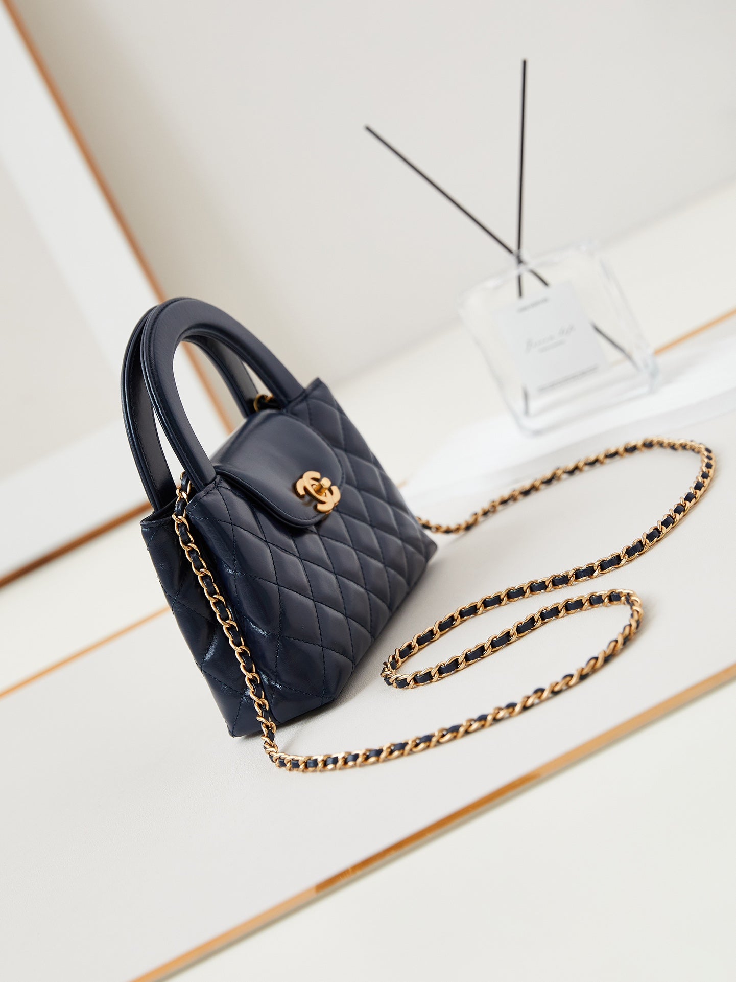cc 24a nano 19cm kelly shopper bag navy blue lambskin