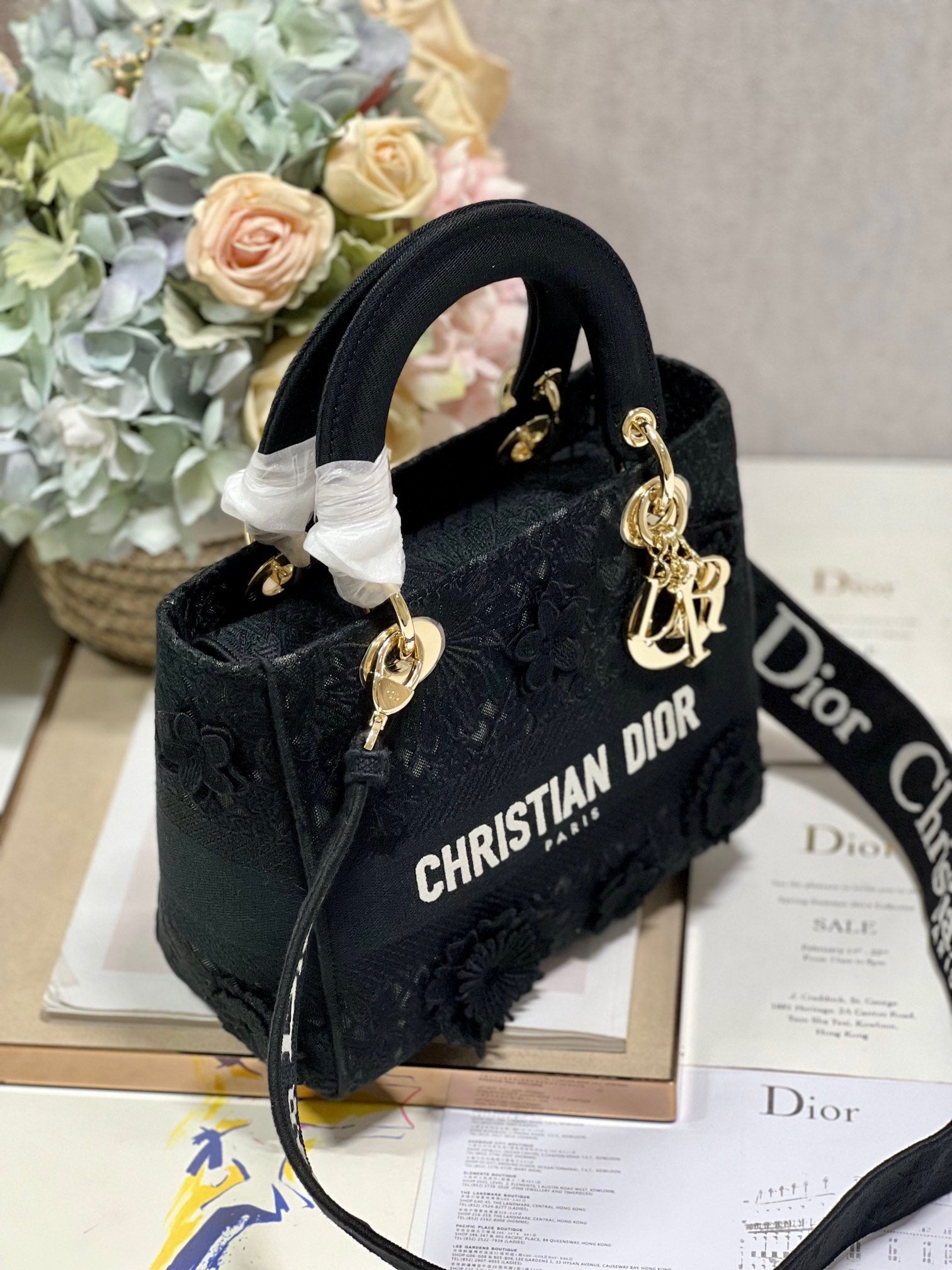 CD Flower Black 24 Lady Dior Bag Canvas 336721