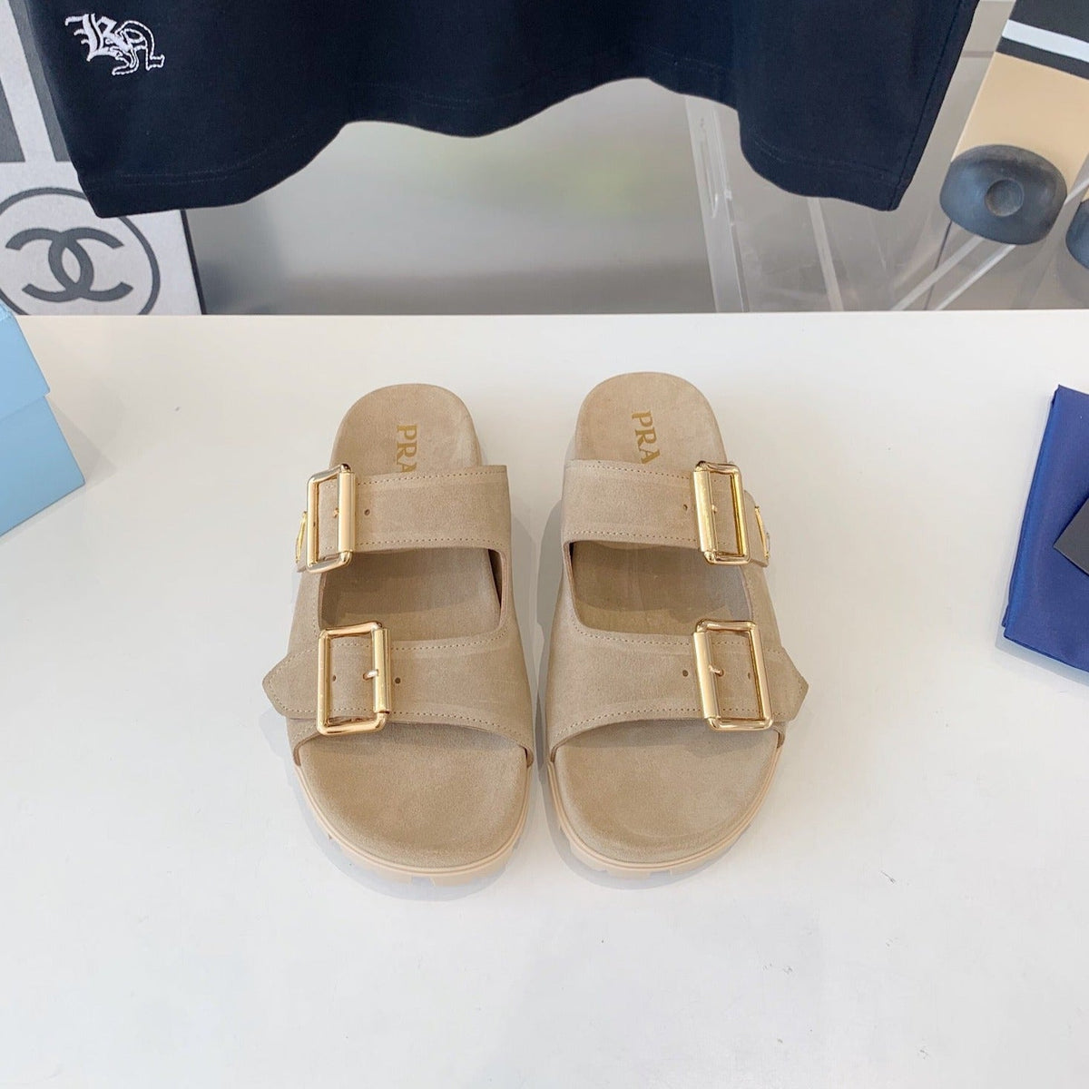 PRA STRAP SLIDES SANDALS SUEDE