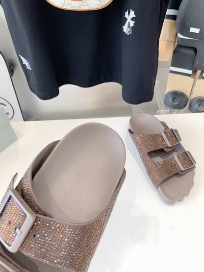 BIRKENSTOCK SLIPPERS ATTACHED RHINESTONES IN BROWN CALFSKIN