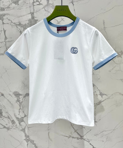 Gucci Embroidered Short Sleeves T-shirt White Blue Cotton