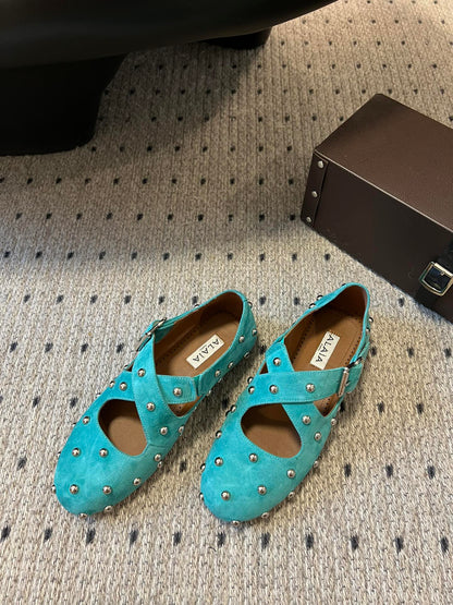 Alaia 25 Criss Cross With Stud Ballet Flats Lagoon Green Suede Sheepskin 303692