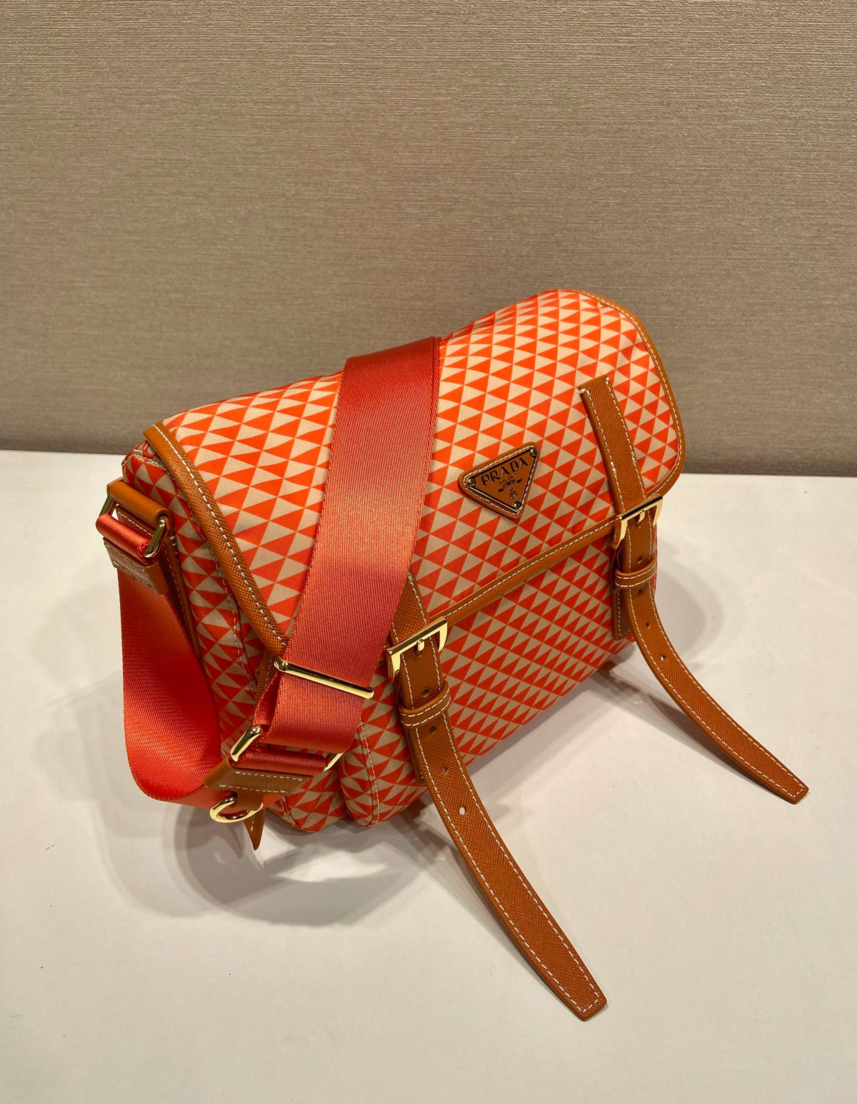 MESSENGER BAG 25 IN ORANGE MIX CREAM TRIANGLE PATTERN EMBROIDERED FABRIC