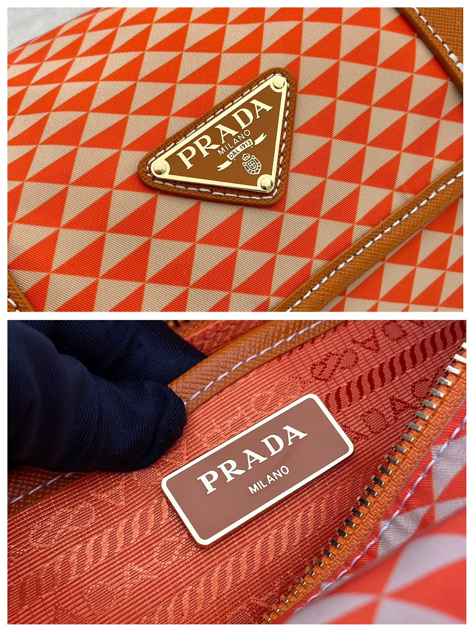MESSENGER BAG 25 IN ORANGE MIX CREAM TRIANGLE PATTERN EMBROIDERED FABRIC