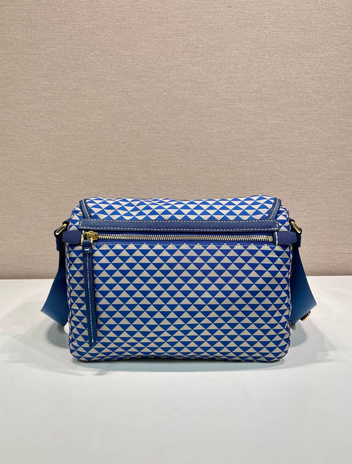 MESSENGER BAG 25 IN BLUE MIX WHITE TRIANGLE PATTERN EMBROIDERED FABRIC