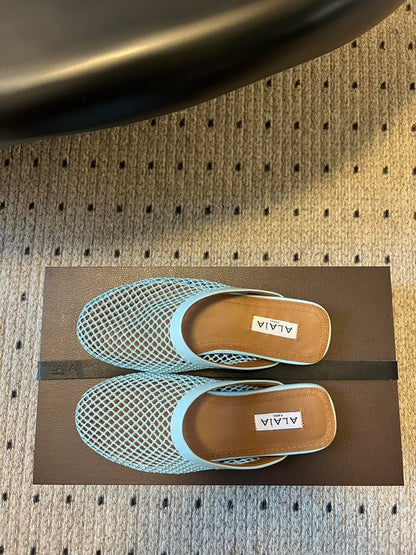 Alaia 25 Fishnet Flat Mules Lagoon Green Lampskin 303684