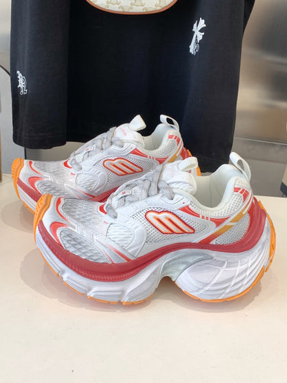 DAD SHOES IN RED ORANGE AND DUST WHITE MESH AND CALFSKIN