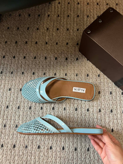 Alaia 25 Infradito Fishnet Flat Mules Lagoon Green Lampskin 303711