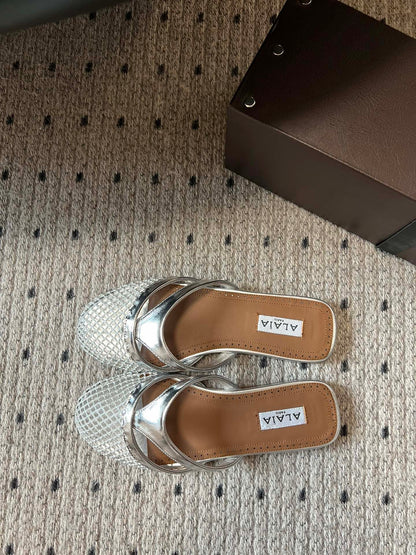 Alaia 25 Infradito Fishnet Flat Mules Silver Lampskin 303712