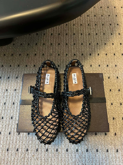 Alaia 25 Braided Ballet Flats Black Cowhide 303677