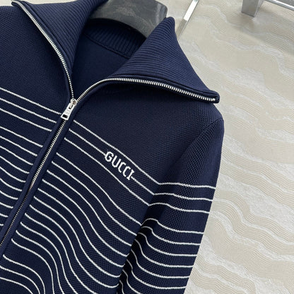 Gucci Knitted Zipper Jacket Dark Blue Viscose