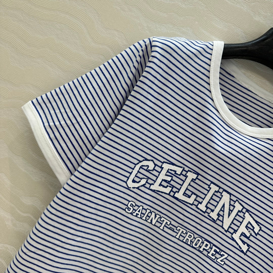 Celine 25 Striped Letter Short-sleeved T-shirt Blue White Cotton
