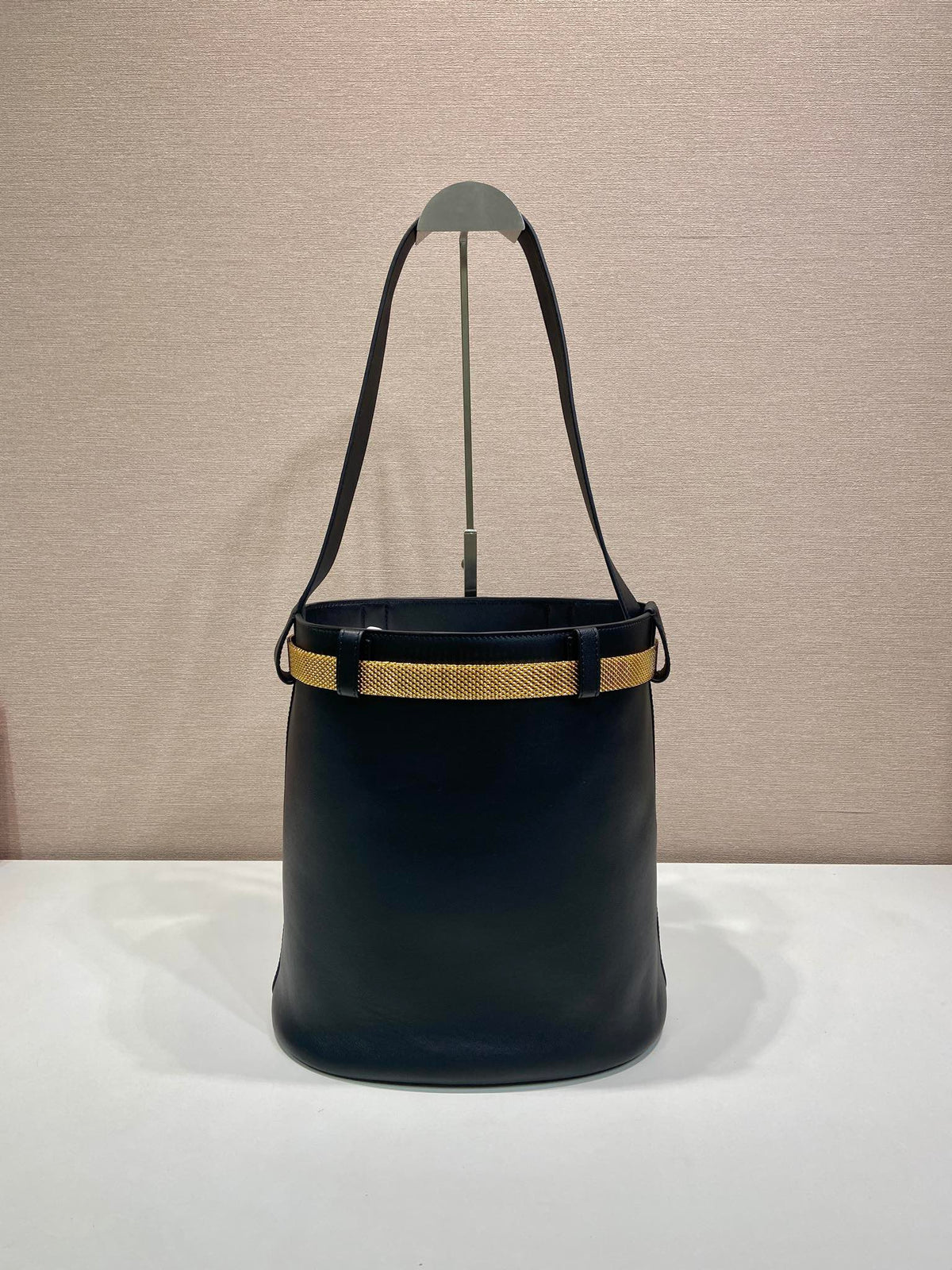 PRA bucket bag iron chain belt black leather 341179