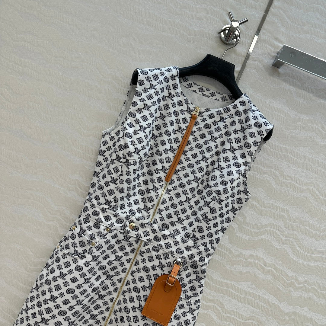 LV 25 Modern Logo Denim Long Vest Dress Black White Poliester