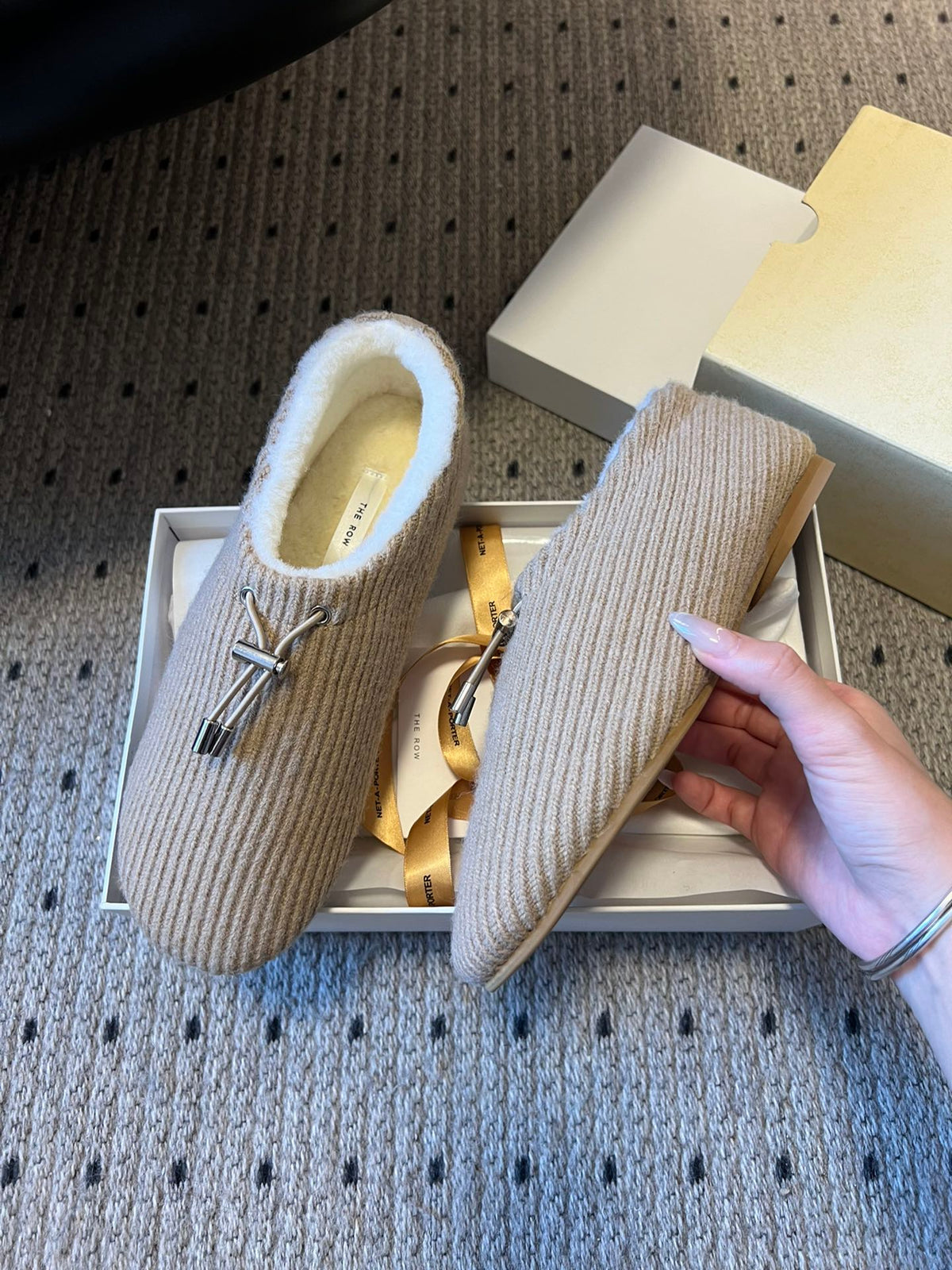 The Row 2025 Striped Furry Slipper Beige White Wool 561638