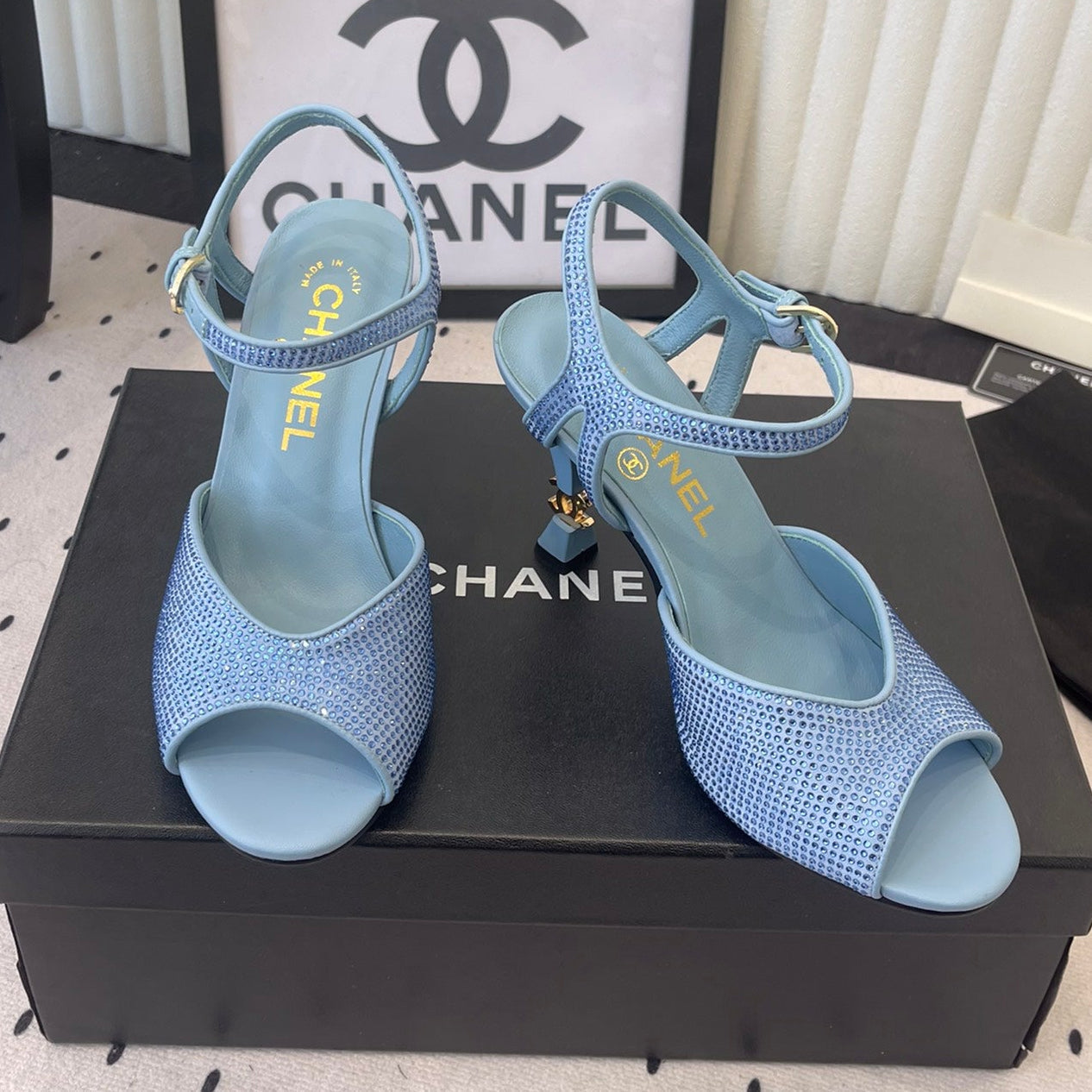 CC 26 Rhinestone Sandal 75mm Blue Lambskin 611732