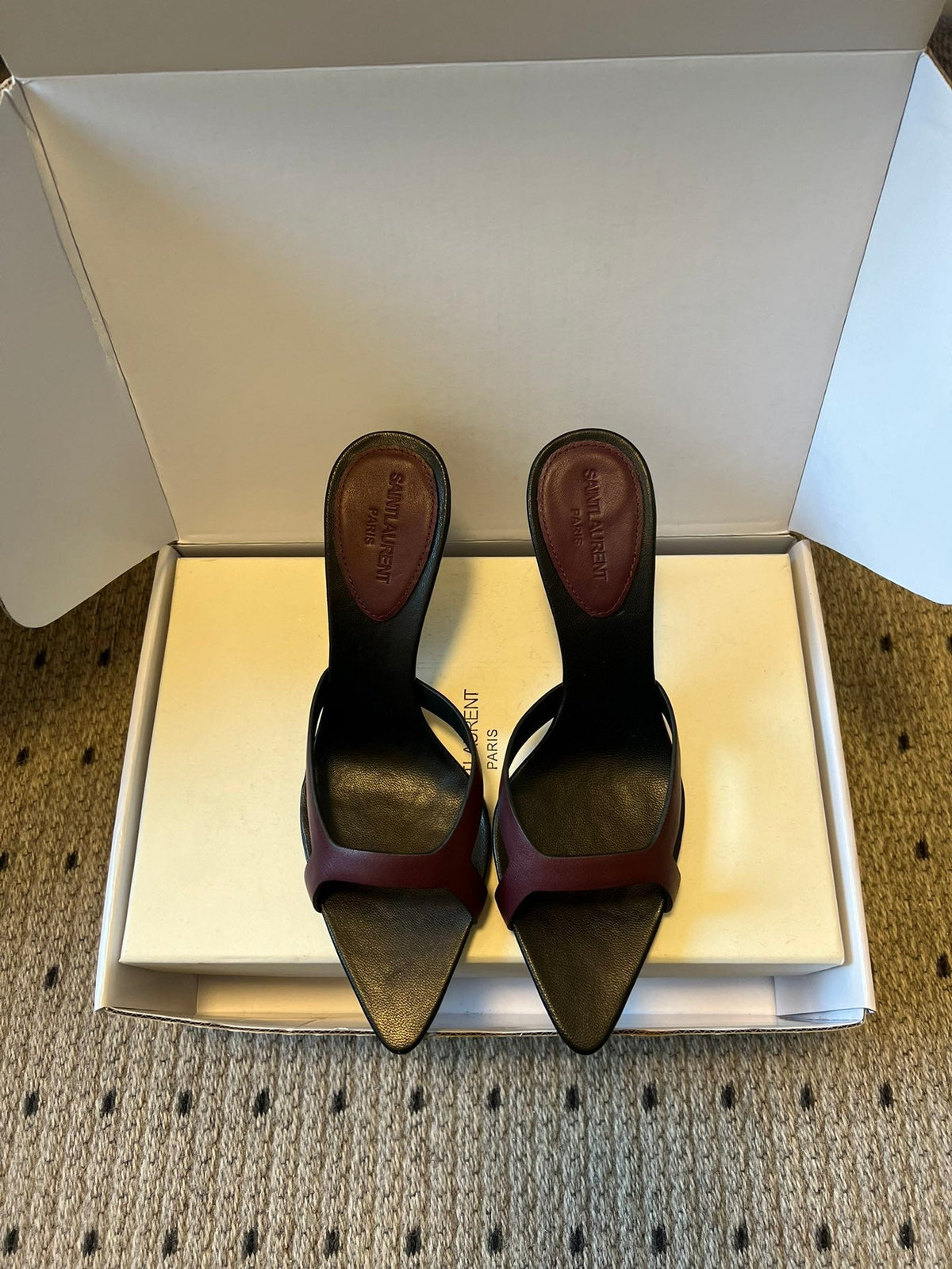 YSL 26ss High Heeled Mules 75 Black Burgundy Cowhide 651764
