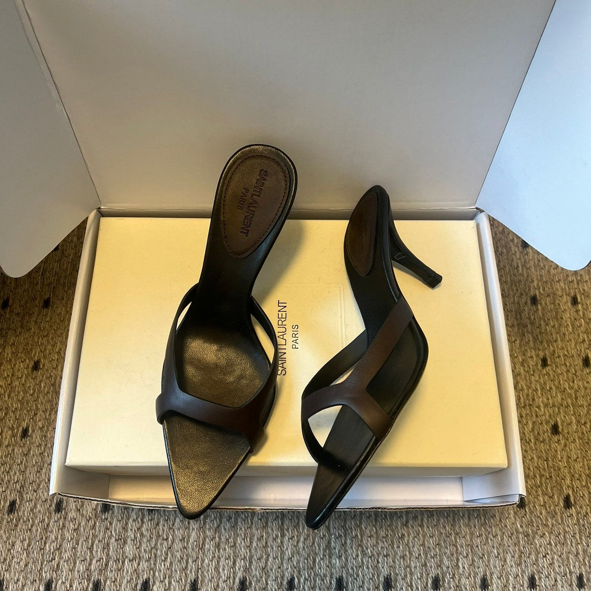YSL 26ss High Heeled Mules 75 Black Cowhide 651765