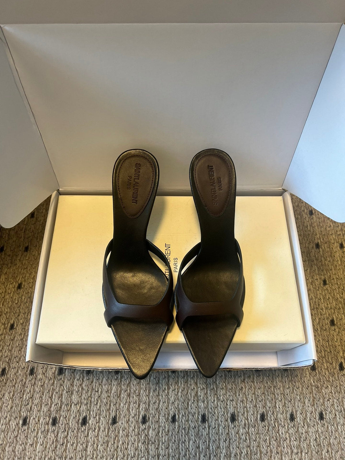 YSL 26ss High Heeled Mules 75 Black Cowhide 651765