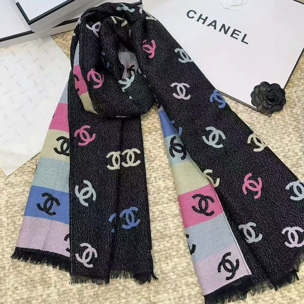 CC Black And Multicolor Scarf 185cm Lamb Wool