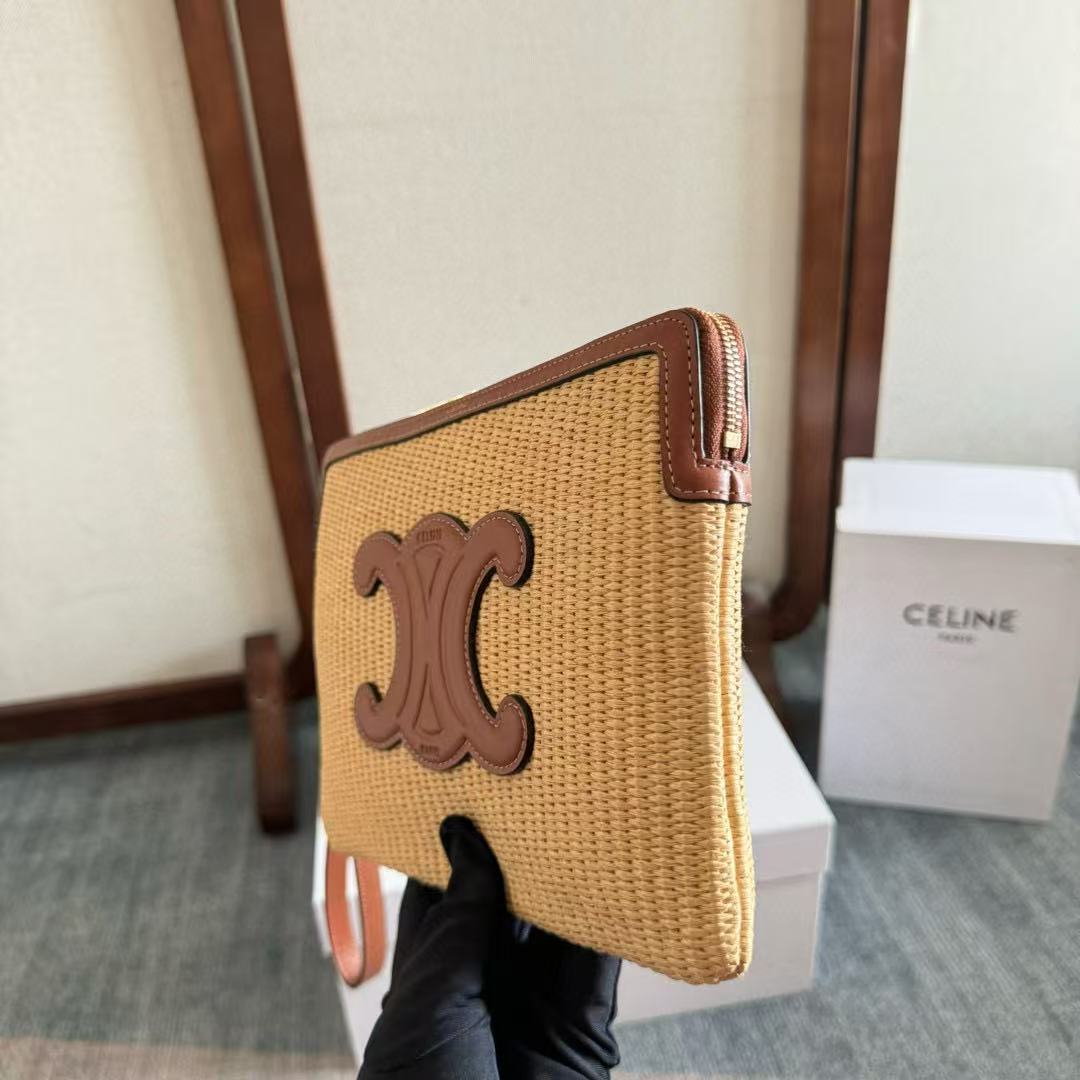 CELINE SMALL POUCH BEIGE BROWN  RAFFIA CALFSKIN