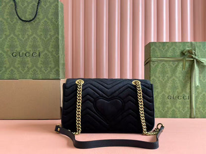 GG 2025 Marmont 26cm Bag Black Gold Velvet Leather
