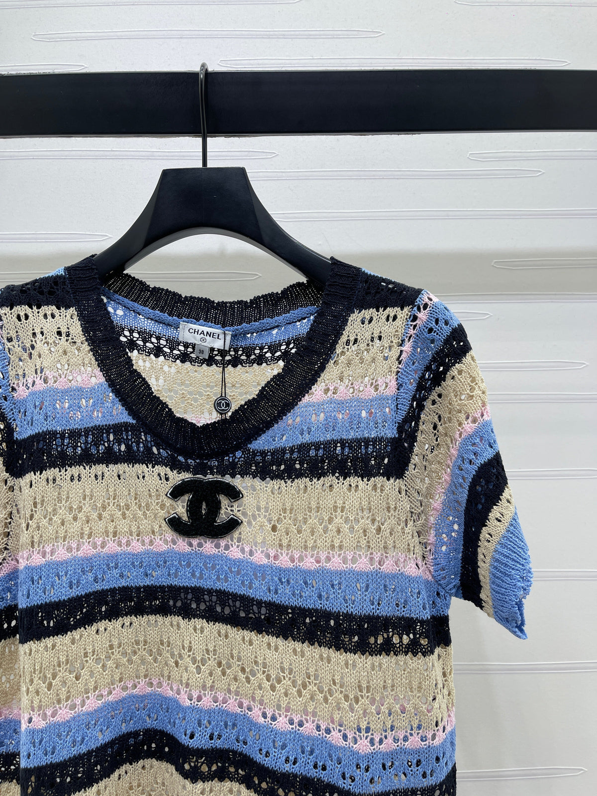 Chanel 2026 Hollow Out Knit Top Blue Beige Black Cotton