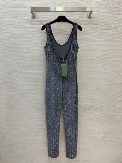Gucci 2026 GG Crystal Embroidery Jumpsuit Blue Viscose Polyester