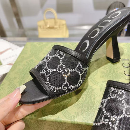 Gucci 2026 Embellished GG Mules 75mm Mesh Leather