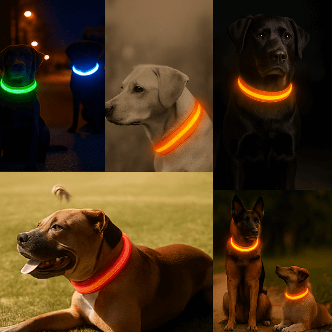 led hundehalsband sichtbar bei mehreren hunden im dunkeln
