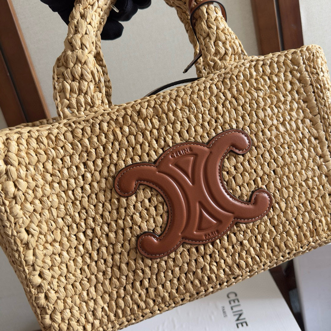 Celine Cabas Thais Handbag Beige mix Brown Plant Material And Cow Leather