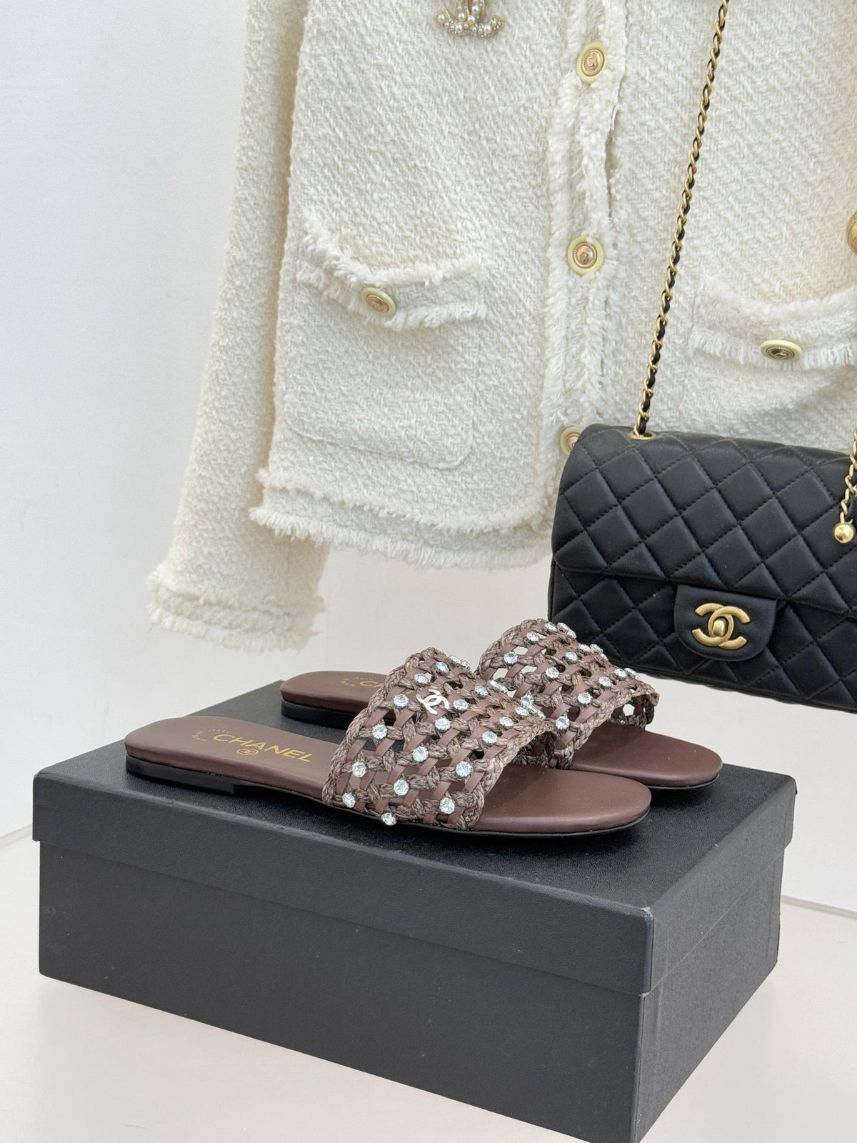 CC 2026 Flat Sandals Woven Sheepskin Rhinestones