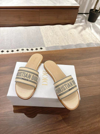 CD 26s Embroidered Sandals Beige Gray Canvas Sheepskin 664324