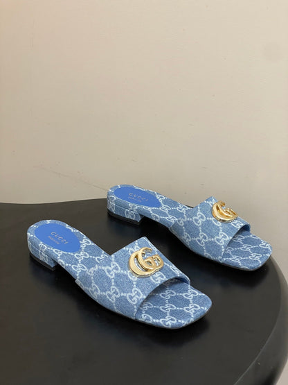 GG 26ss Open Toe Slippers Blue Denim Monogram