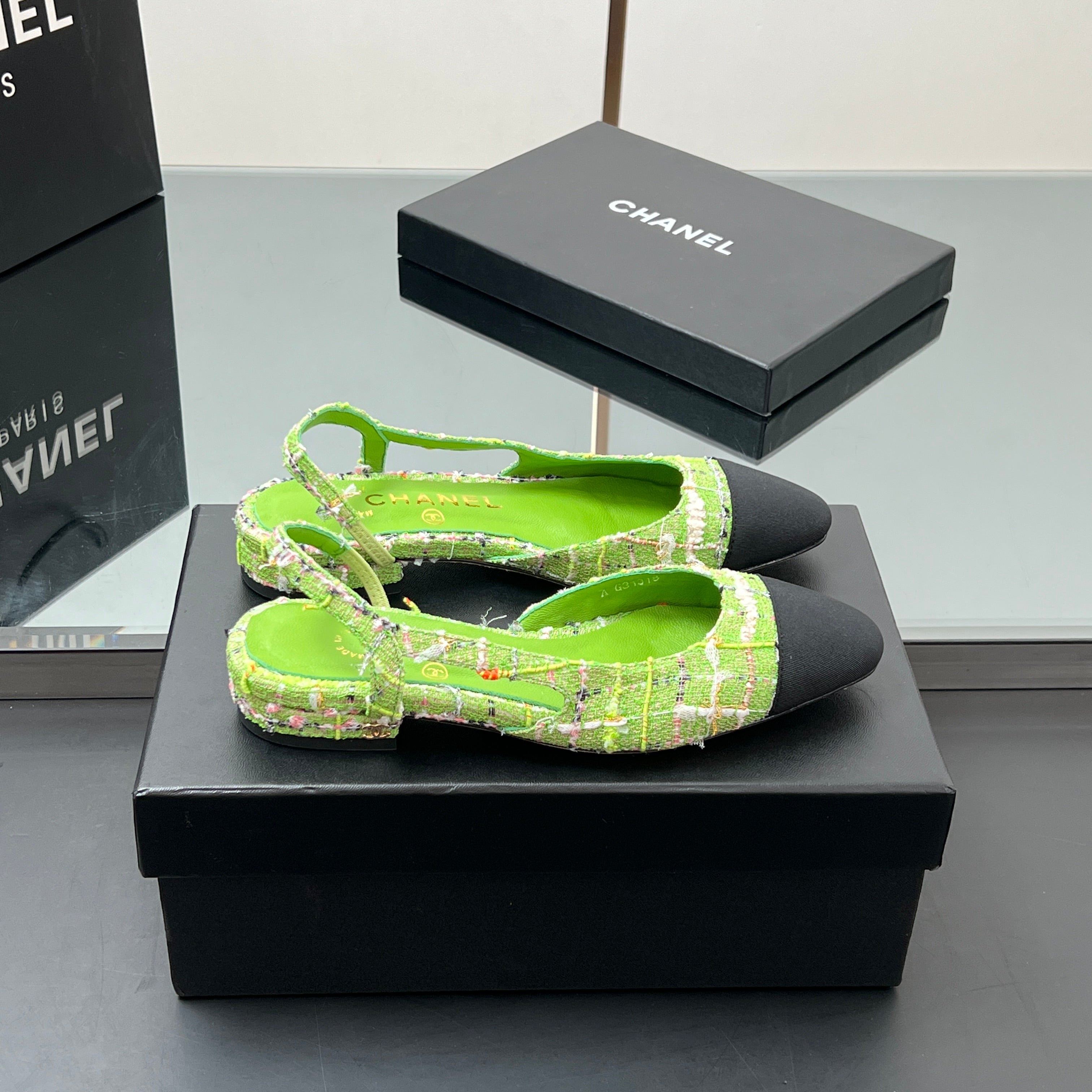 CC Slingback Tweed Green Sheepskin 362815