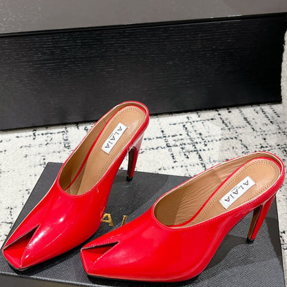 Alaia 25 Spike High Heel Mules Red Lampskin 293183