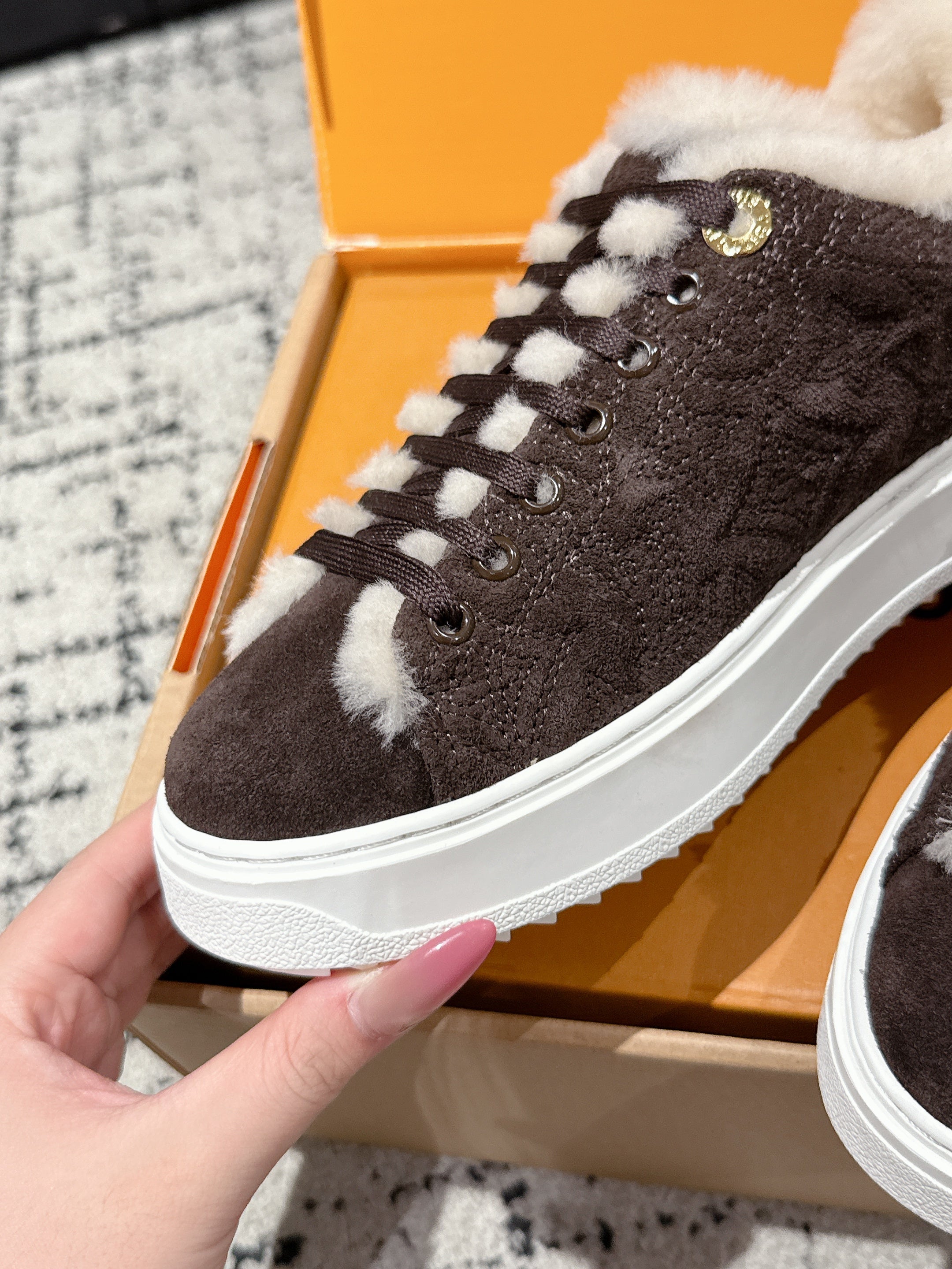 LV 2026 Time Out Sneaker Brown White Suede Wool 595292