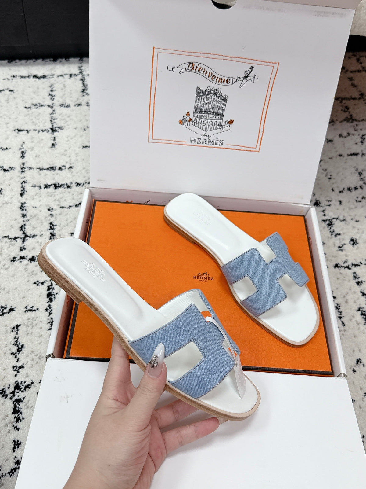 HM 26ss Oran Sandals Light Blue White Denim Cowhide 617180