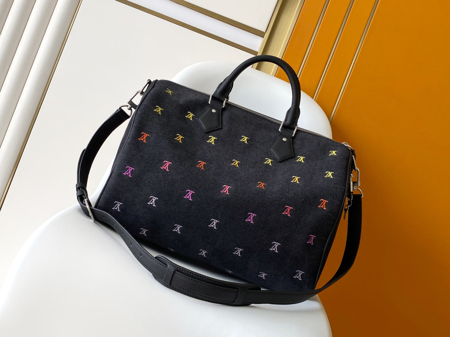 LV Speedy 40 BandouliÃ¨re Bag Black Denim Leather 252470