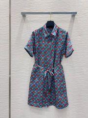 LV 25S Cherry Printed Dress Blue Red Poliester