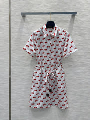 LV 25S Cherry Printed Dress White Red Poliester